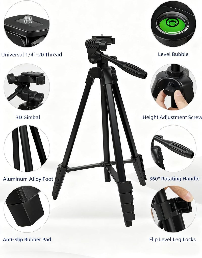 VulcanForge 17"-63" Aluminum Tripod for Laser Level, 1.5lb Lightweight, 3D Pan Tilt with Bubble Level, Quick Release Plate, Black - Image 2